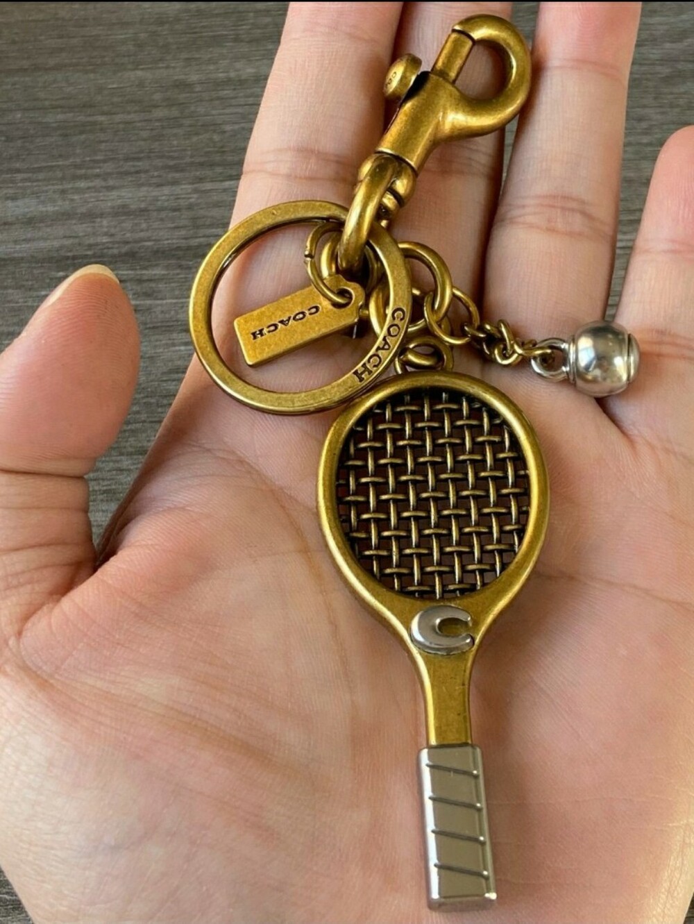 Coach Gold-Tone Tennis Racket Purse Charm / Keychain Silver Ball Accent w/ Dusty - Picture 3 of 5